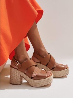 Me + Em Espadrille Platform Women's Brown Sandals Full Grain Leather Sz US 9/9.5
